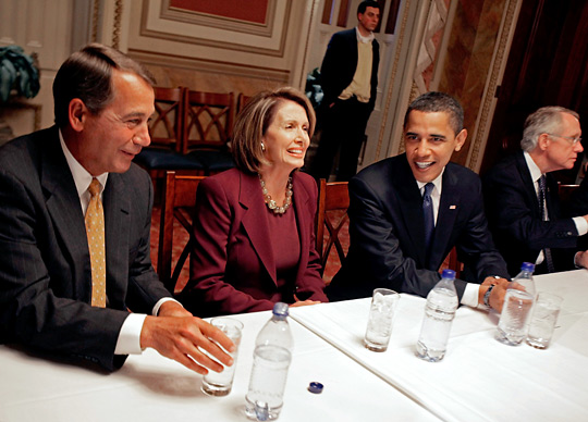 House Minority Leader John Boehner with House Speaker Nancy Pelosi and Barack Obama