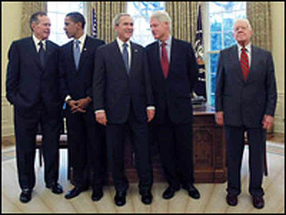 Former President Jimmy Carter (far right) recently visited the Oval Office with his four successors