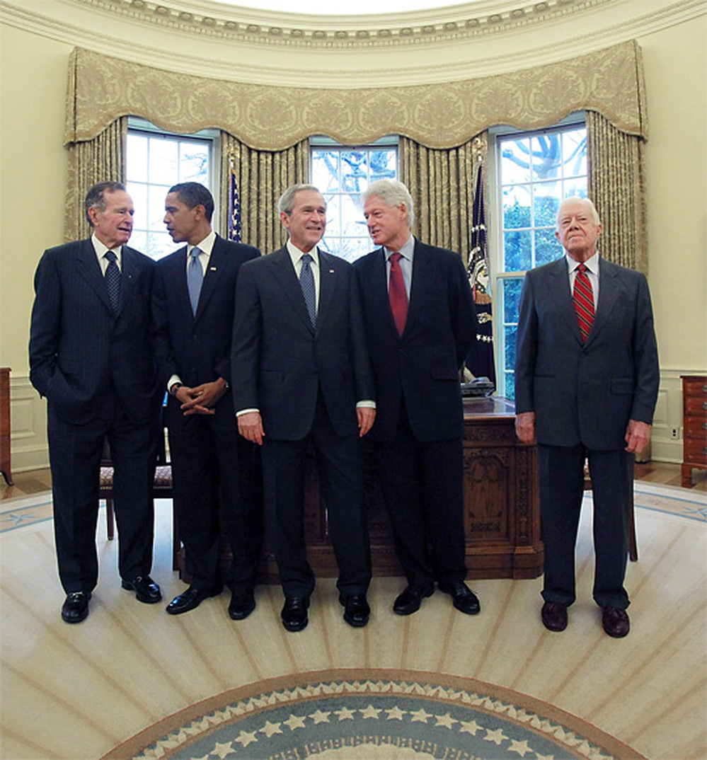 Former President Jimmy Carter (far right) recently visited the Oval Office with his four successors