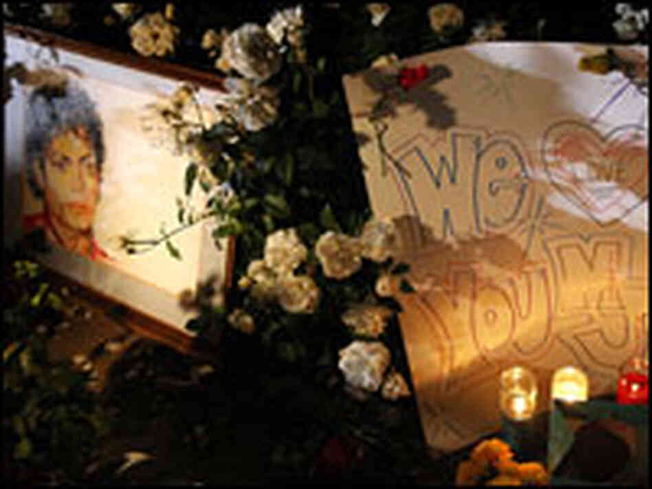 A makeshift memorial grows near the gates of Neverland Ranch near Los Olivos, Calif.