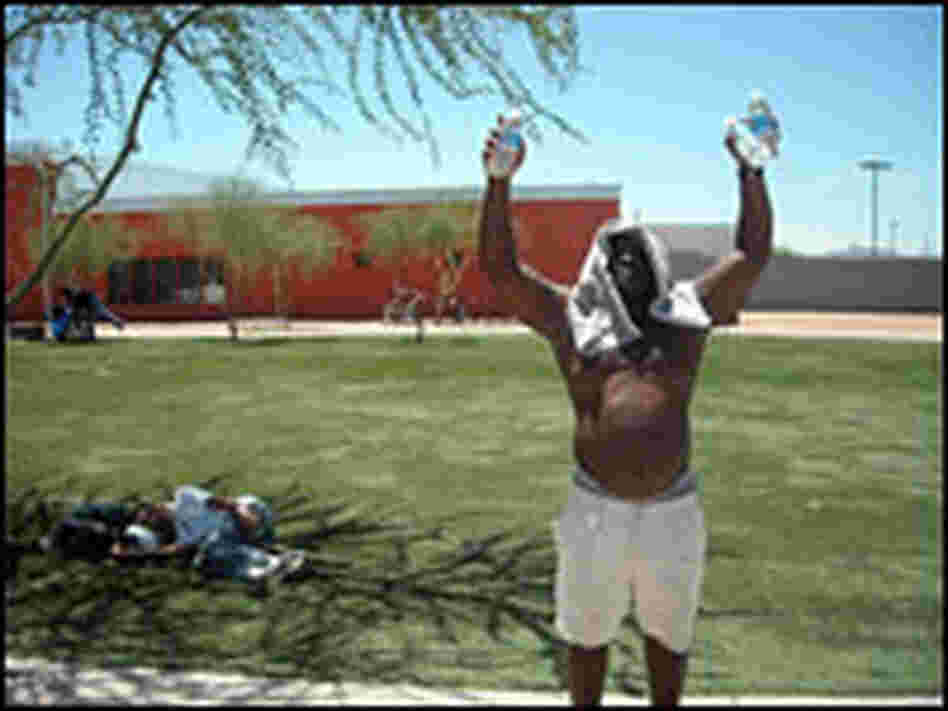Two homeless men outside of a downtown Phoenix center for the homeless.