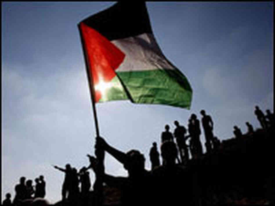 Palestinian children hold their national flag and fly kites near the West Bank city of Nablus