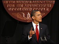 President Barack Obama addresses the NAACP annual convention in New York City on Thursday.