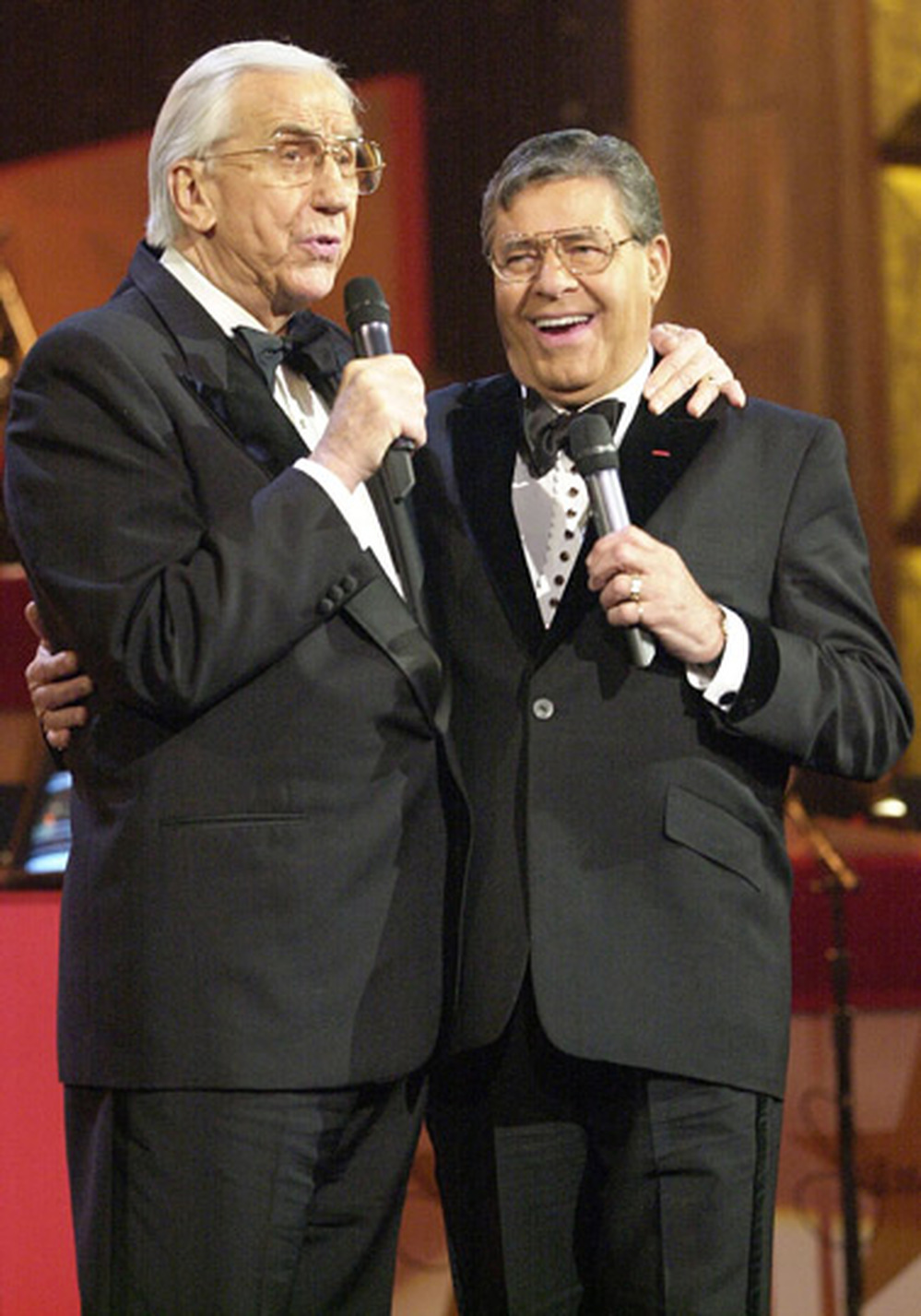 Comedian Jerry Lewis and Ed McMahon during the 2000 telecast of The Jerry Lewis MDA Telethon.