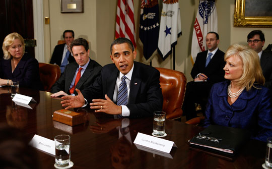 From left: Sen. Mary Landrieu (D-LA), Treasury Secretary Timothy Geithner and President Obama