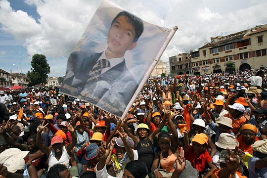 Supporters greet Madagascar leader Andry Rajoelina
