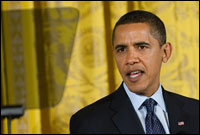 President Obama speaks using a teleprompter at the White House on Feb. 4, prior to signing the State Children's Health Insurance Program.
