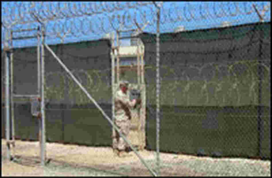 A military guard outside Guantanamo's medium-security prison, Camp IV.