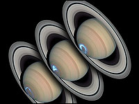 Three images of Saturn taken by Hubble in 2004 show a changing aurora around its pole.