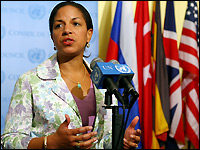 U.S. Ambassador to the United Nations Susan Rice speaks to the media Monday in New York City