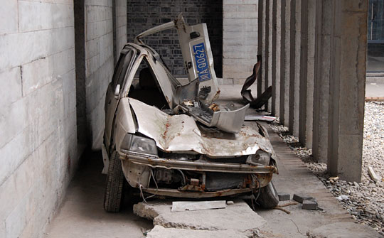 This crushed car will go on display at the Jianchuan Earthquake Museum on May 12.