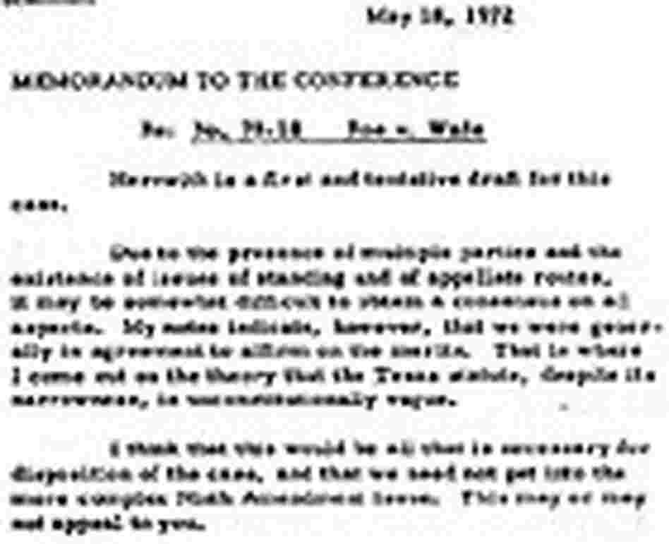 Blackmun's May 18, 1972, letter to the Supreme Court presenting his first draft opinion in 'Roe'