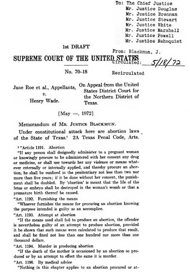 The first page of Blackmun's May 18, 1972, first draft opinion in 'Roe v. Wade'