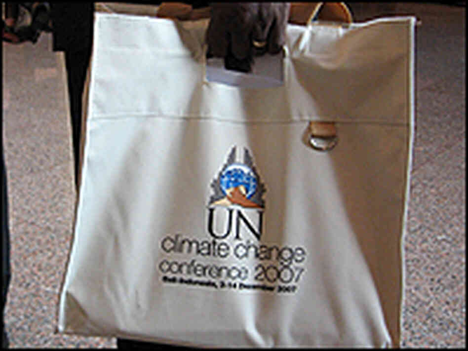 One of the coveted official canvas bags at the Bali conference. One of the coveted official canvas bags at the Bali conference.
