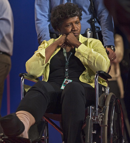 PBS' Gwen Ifill inspects the VP debate set.