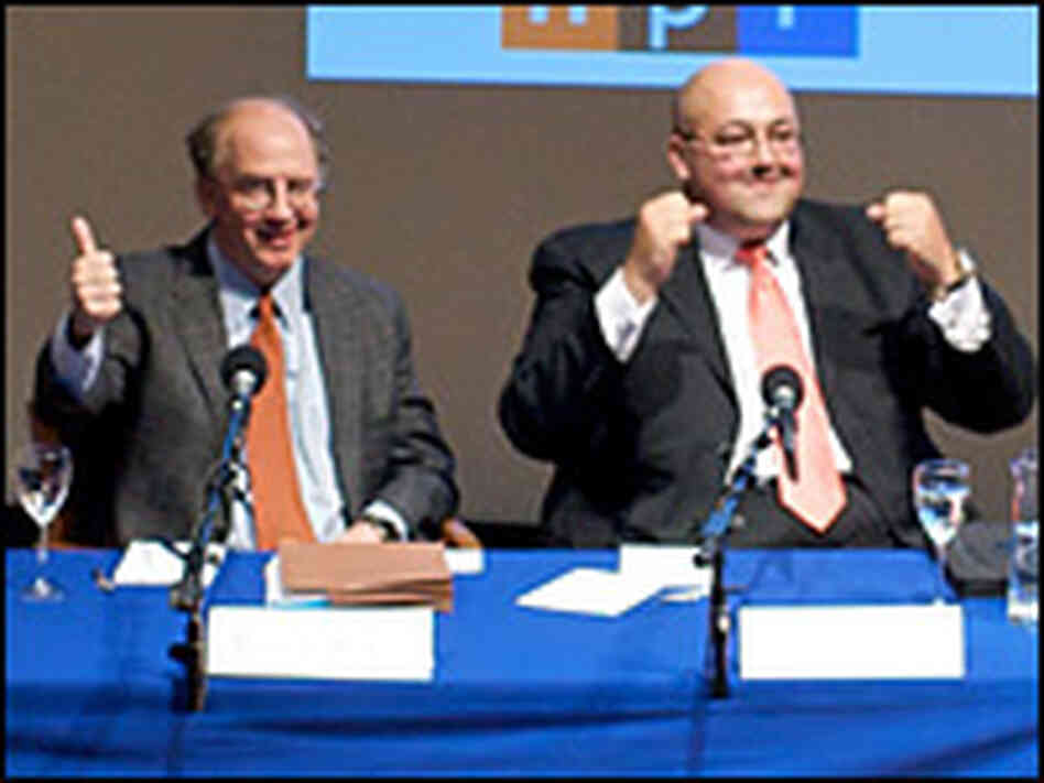 Randal Picker and Siva Vaidhyanathan react to the results of the audience's vote.