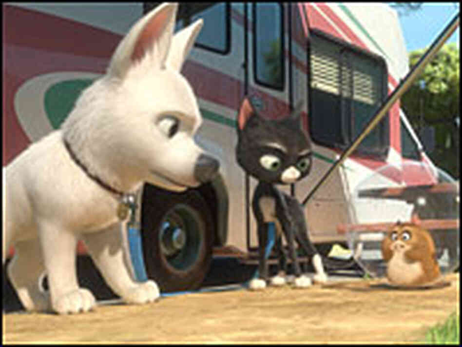 Bolt (John Travolta), Mittens (Susie Essman) and Rhino (Mark Walton)