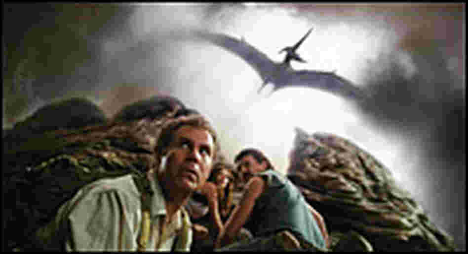 Will Ferrell, Danny McBride, Anna Friel and a pterodactyl in 'Land of the Lost'.