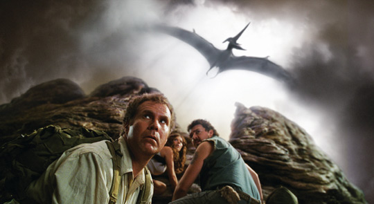Will Ferrell, Danny McBride, Anna Friel and a pterodactyl in 'Land of the Lost'.