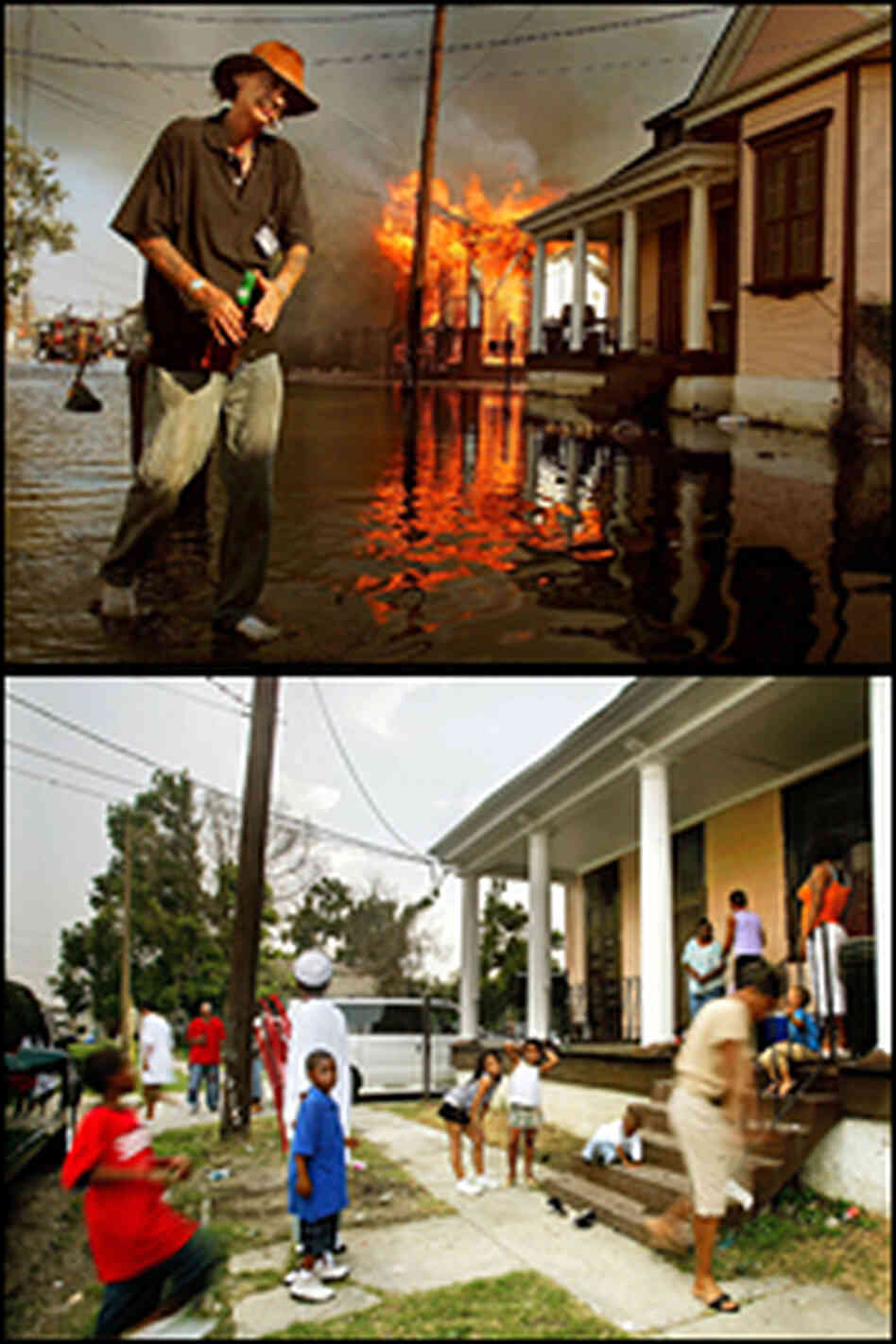 A resident walks past a burning house fire in the 7th ward September 6, 2005 in New Orleans. A resident walks past a burning house fire in the 7th ward September 6, 2005 in New Orleans.