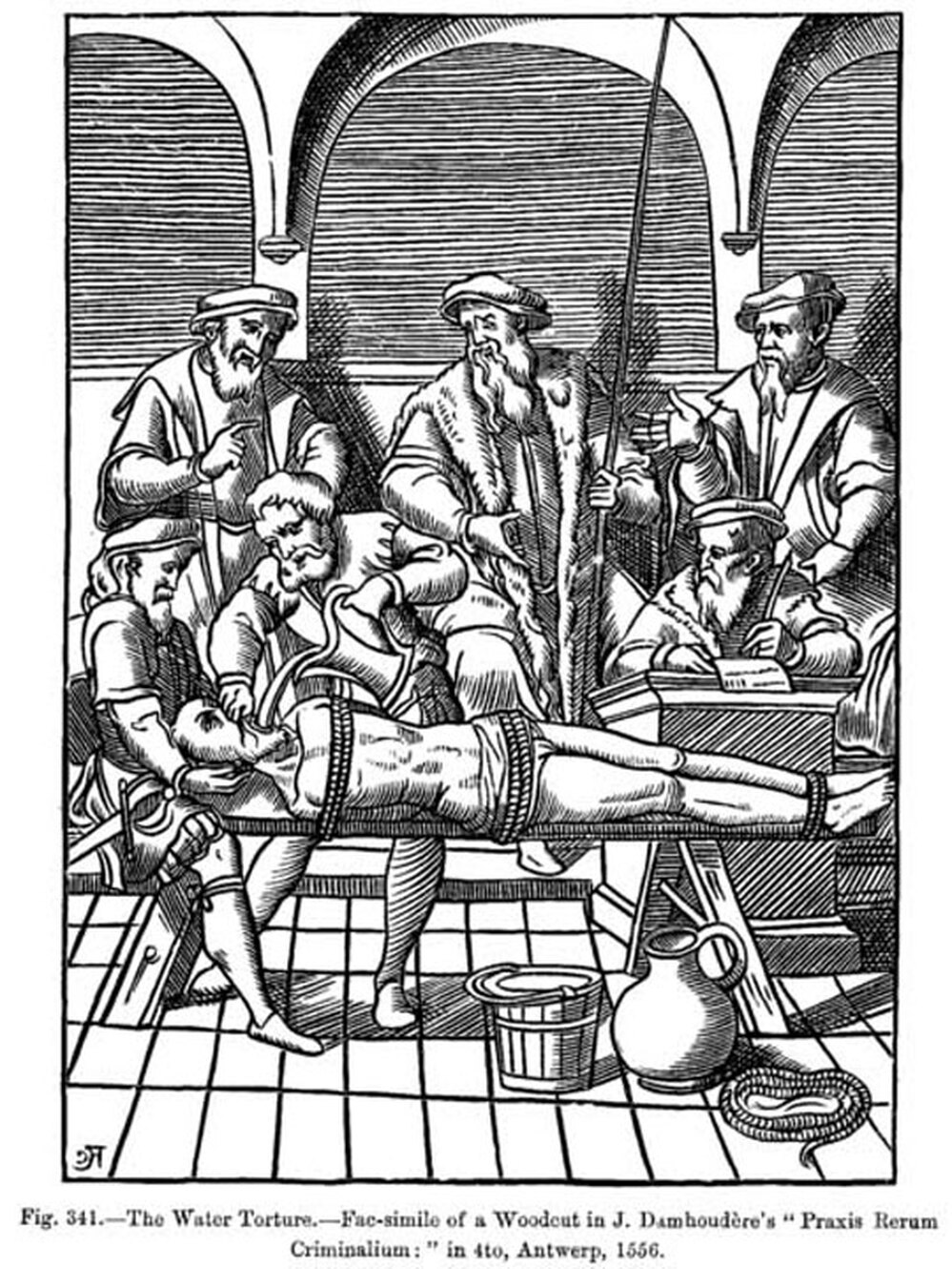 Image of a woodcut depicting waterboarding.