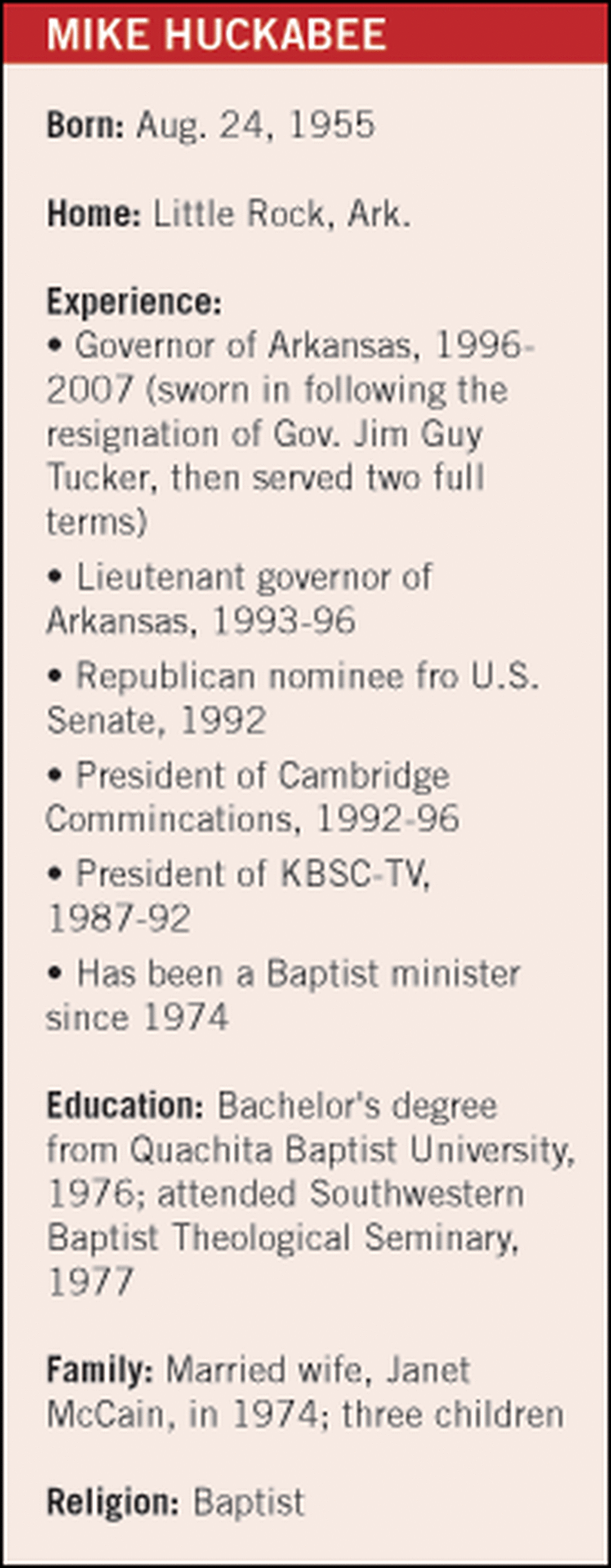 At a Glance: Mike Huckabee At a Glance: Mike Huckabee