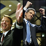 Senators John Edwards (left) and John Kerry at Super Tuesday campaign rallies. Credit: Reuters