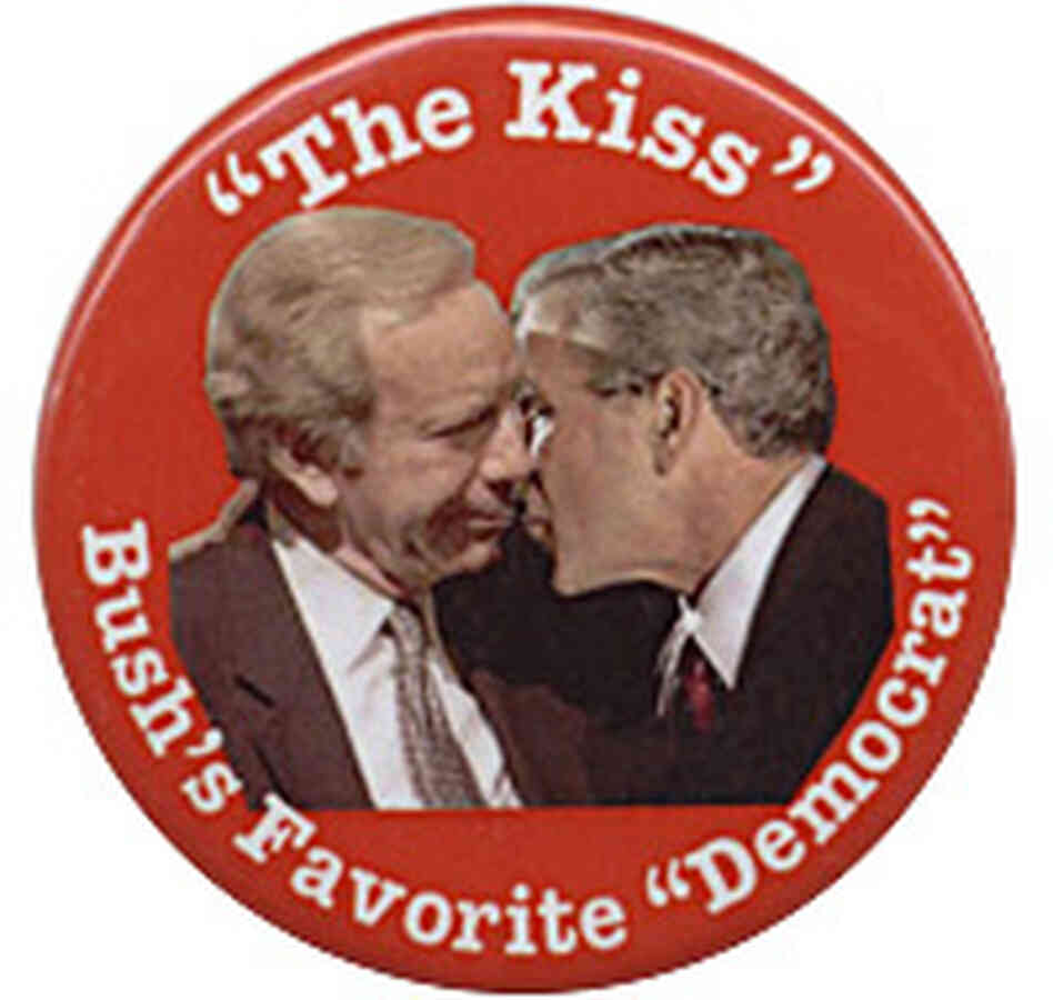 A campaign button shows President Bush and Lieberman. A campaign button shows President Bush and Lieberman.