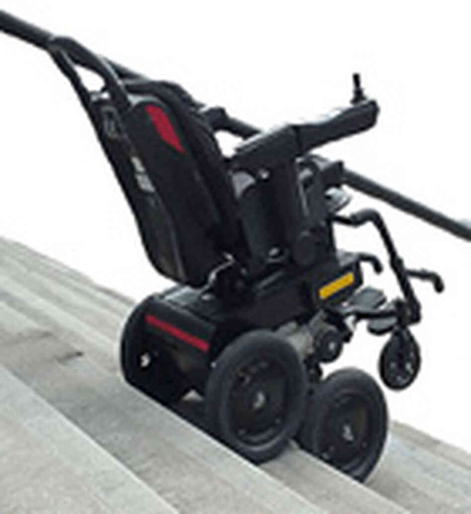 The wheelchair traverses up stairs by elevating and tilting its passengers. The wheelchair traverses up stairs by elevating and tilting its passengers.