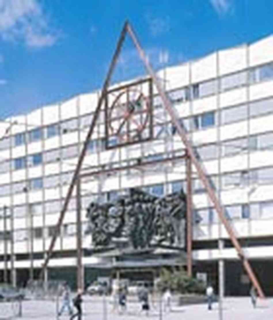 An A-frame sculpture on Leipzig's Augustusplatz marks where the facade of the church once stood. An A-frame sculpture on Leipzig's Augustusplatz marks where the facade of the church once stood.