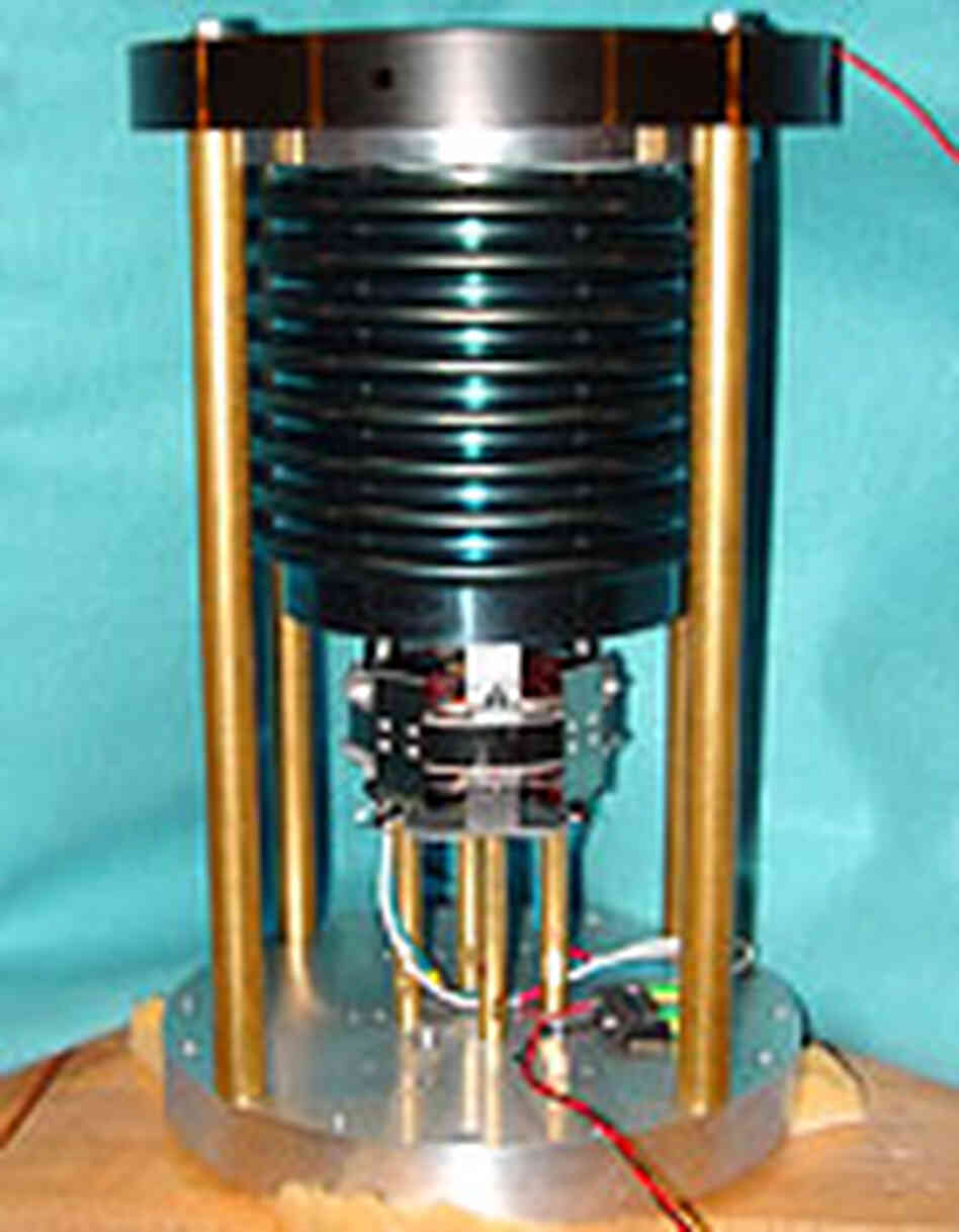 Thermoacoustic prototype that uses a "Bellows Bounce" resonator. Thermoacoustic prototype that uses a "Bellows Bounce" resonator.