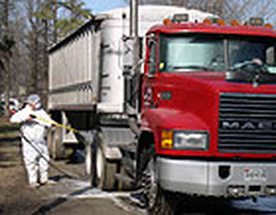 A worker disinfects the tires of a truck before it leaves Hobo poultry farm in Greenwood, Del. A worker disinfects the tires of a truck before it leaves Hobo poultry farm in Greenwood, Del.