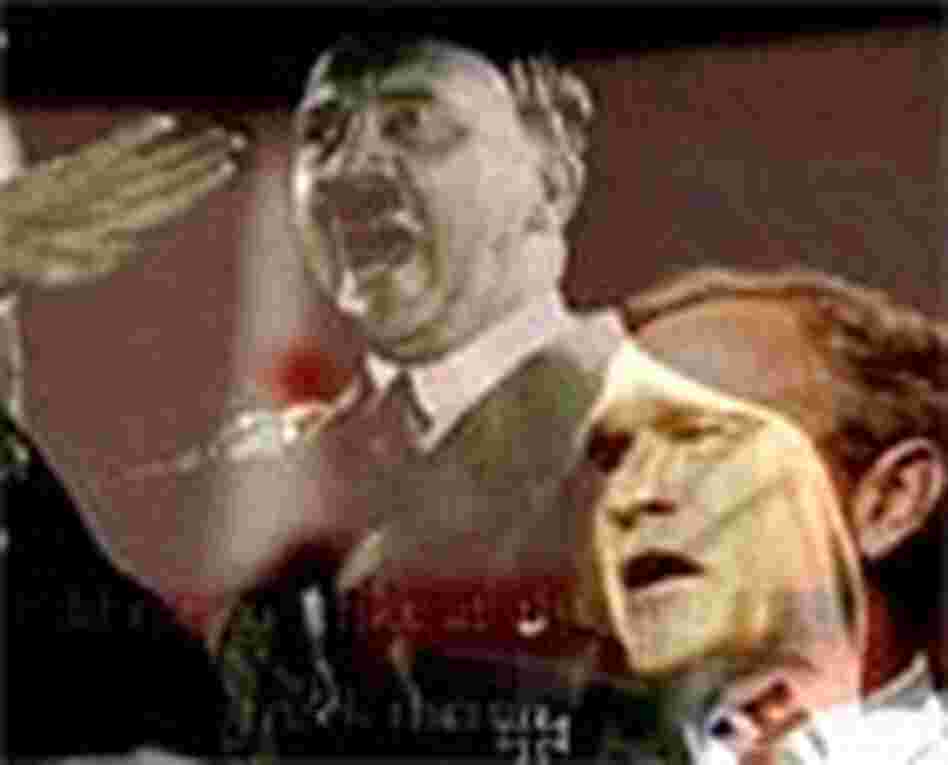 An image from a political ad comparing President Bush to Hitler An image from a political ad comparing President Bush to Hitler