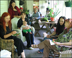 At Ruth Stone's farmhouse in Goshen, Vt., from left: daughter Phoebe, granddaughter Nora, daughter Marcia and great-grandson Henry, Phoebe's husband David Carlson, daughter Abigail, and Stone, far right. 
Credit: Andrea Hsu