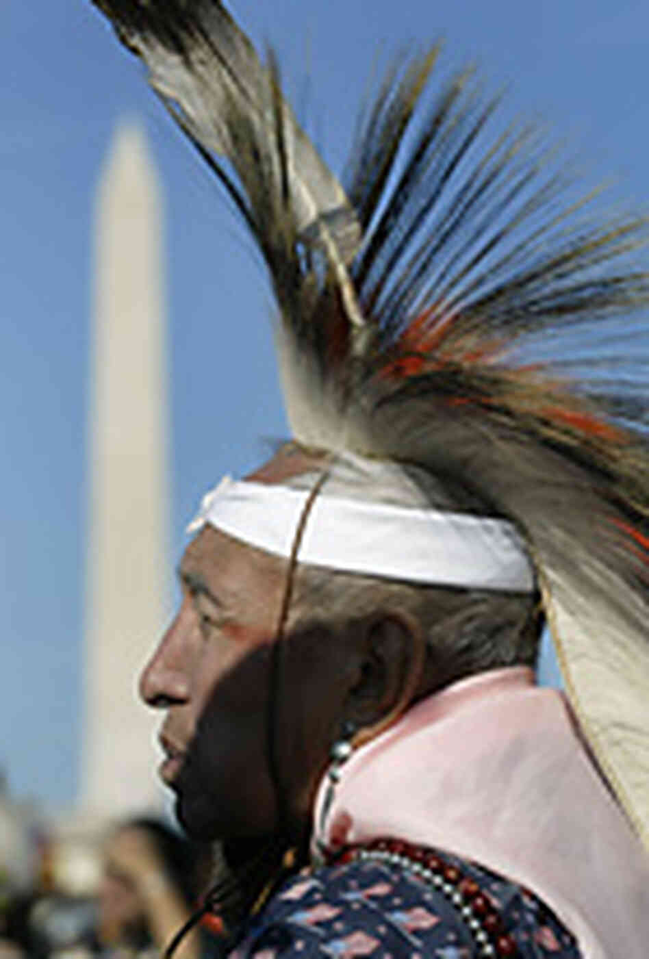 A Native American stands on the Mall near the Washington Monument, Sept. 21, 2004. A Native American stands on the Mall near the Washington Monument, Sept. 21, 2004.