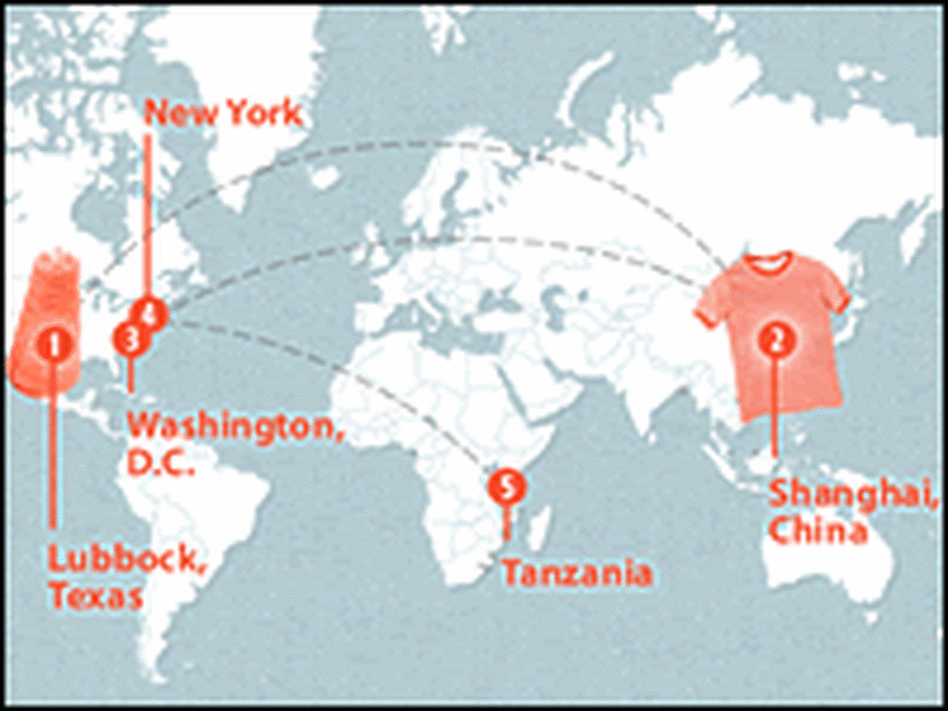 map of a t-shirt's travels