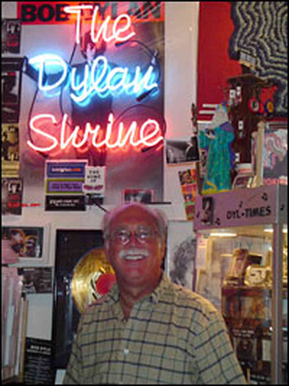 Mel Prussack stands in the middle of his shrine to Bob Dylan. Mel Prussack stands in the middle of his shrine to Bob Dylan.