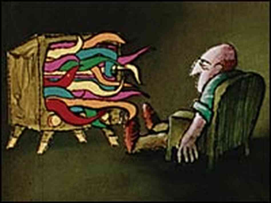 Cartoon figure sits in front of TV Cartoon figure sits in front of TV
