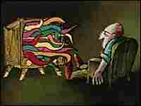 Cartoon figure sits in front of TV Cartoon figure sits in front of TV