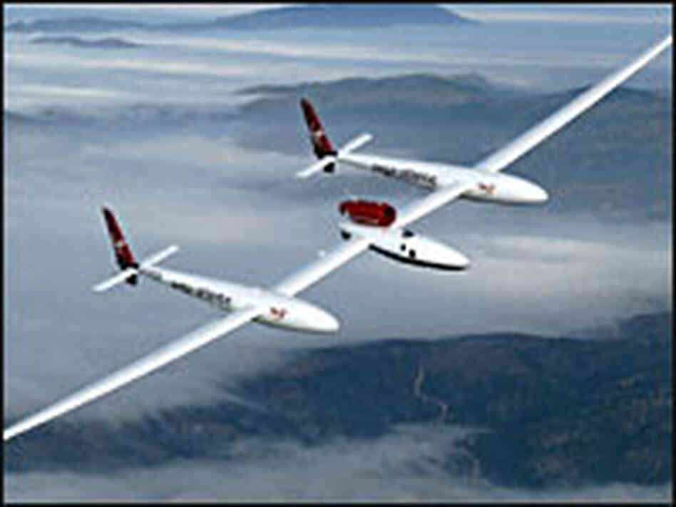 The Global Flyer takes flight over the Sierra Nevada Mountains in April 2004. The Global Flyer takes flight over the Sierra Nevada Mountains in April 2004.