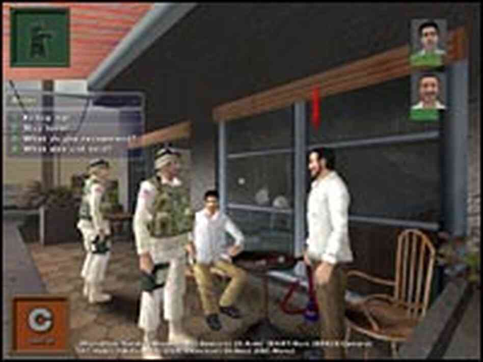 A screen capture from an prototype version of 'Tactical Iraqi,' with U.S. soliders questioning 