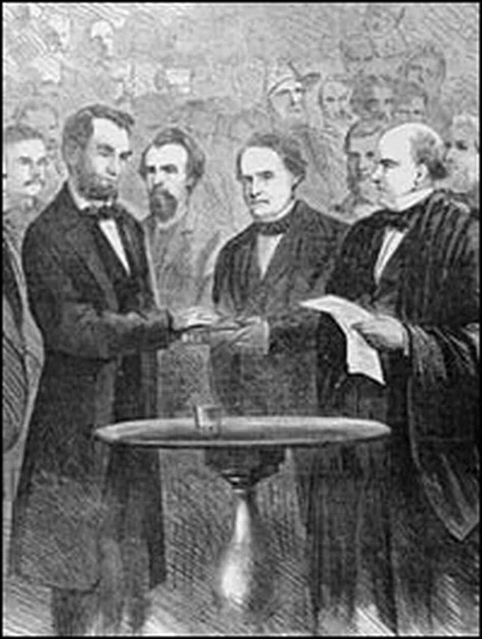 President Lincoln takes the oath at his second inauguration, March 4, 1865. President Lincoln takes the oath at his second inauguration, March 4, 1865.