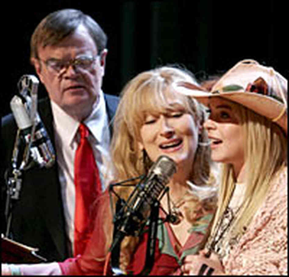 From left, Garrison Keillor, Meryl Streep and Lindsay Lohan on the set of the movie.