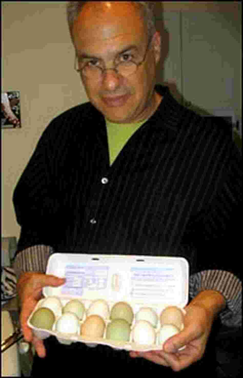 Bittman shows off a colorful assortment of eggs that will go into making the frittata. Bittman shows off a colorful assortment of eggs that will go into making the frittata.