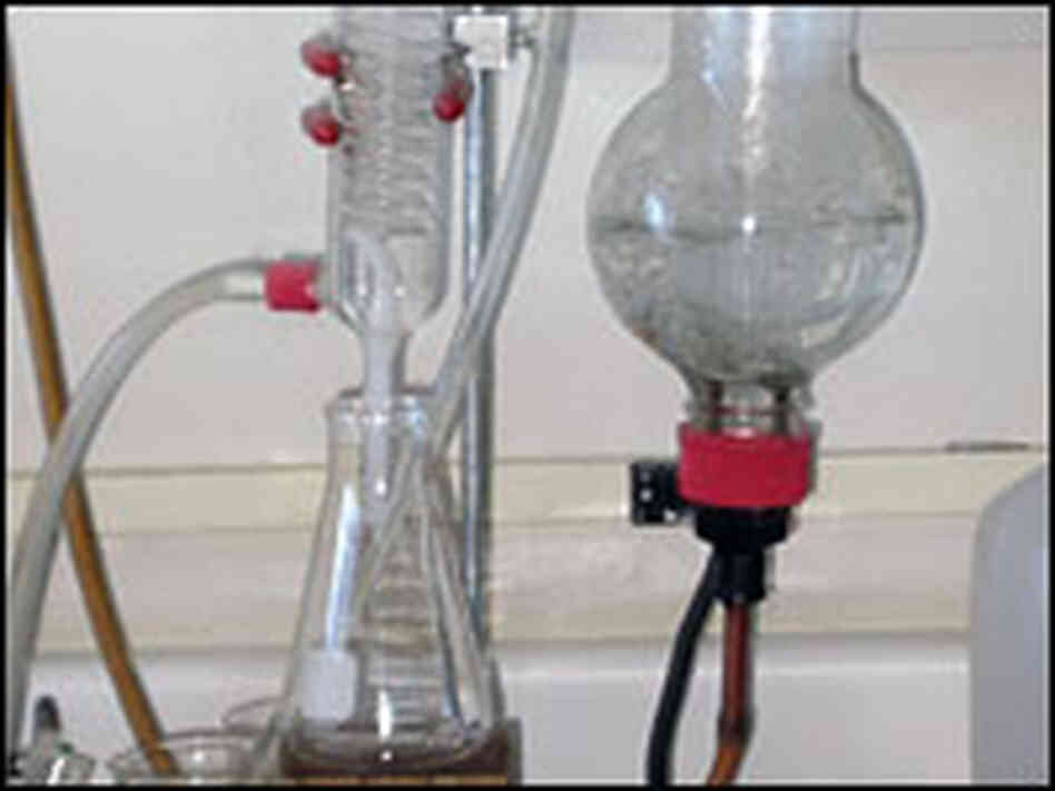 This apparatus, a Cash still, tests a wine's acidity. This apparatus, a Cash still, tests a wine's acidity.