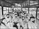 A month after the explosion, Chernobyl employees head off by bus to begin another day's work A month after the explosion, Chernobyl employees head off by bus to begin another day's work