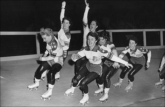 Members of the U.S. roller skating team practice for a 1953 event. 