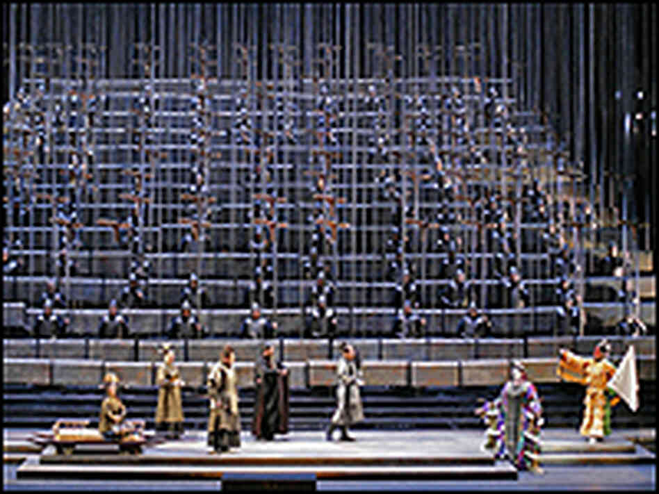 A scene from a rehearsal of 'The First Emperor'