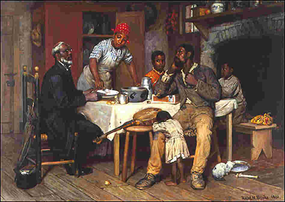 Painting shows blacks at a dining table with a banjo on one of the chairs. Painting shows blacks at a dining table with a banjo on one of the chairs.