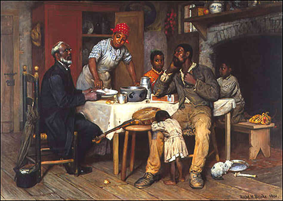 Painting shows blacks at a dining table with a banjo on one of the chairs. Painting shows blacks at a dining table with a banjo on one of the chairs.